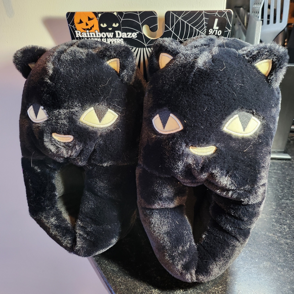 Rainbow Black Cat Plush Slippers